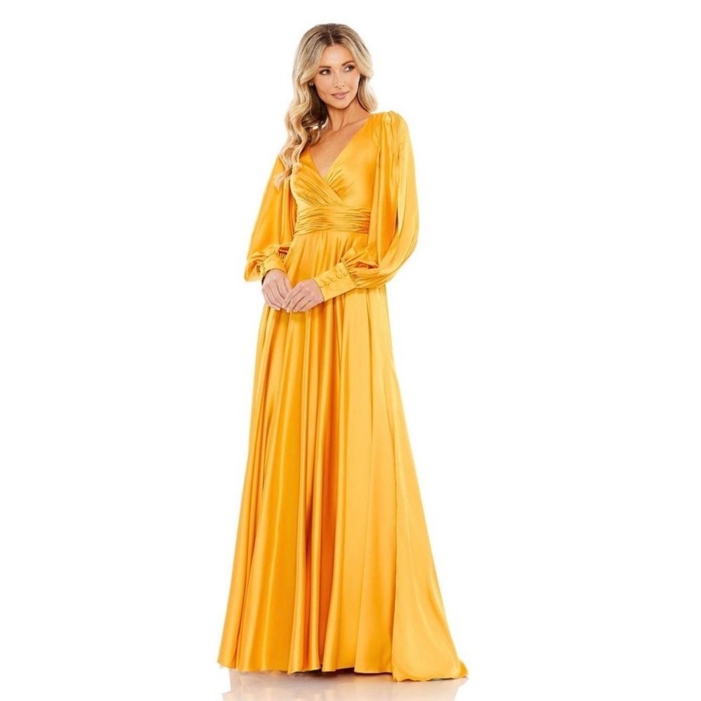 Mac Duggal Flowy Bishop Sleeve Faux Wrap Gown Size 10 Marigold 67847 Wedding